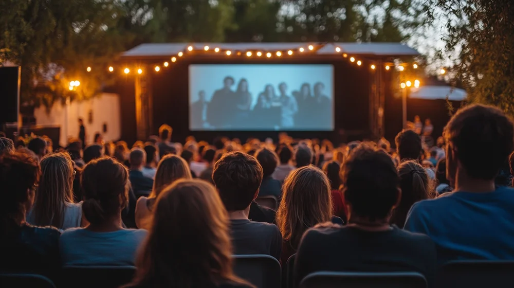 Eine Filmvorführung im Freien in der Abenddämmerung. Eine große Menschenmenge sitzt vor einer großen Leinwand. Lichterketten leuchten die Szene. Im Film sind Silhouetten von Figuren zu sehen, Bäume rahmen die Szenerie ein.